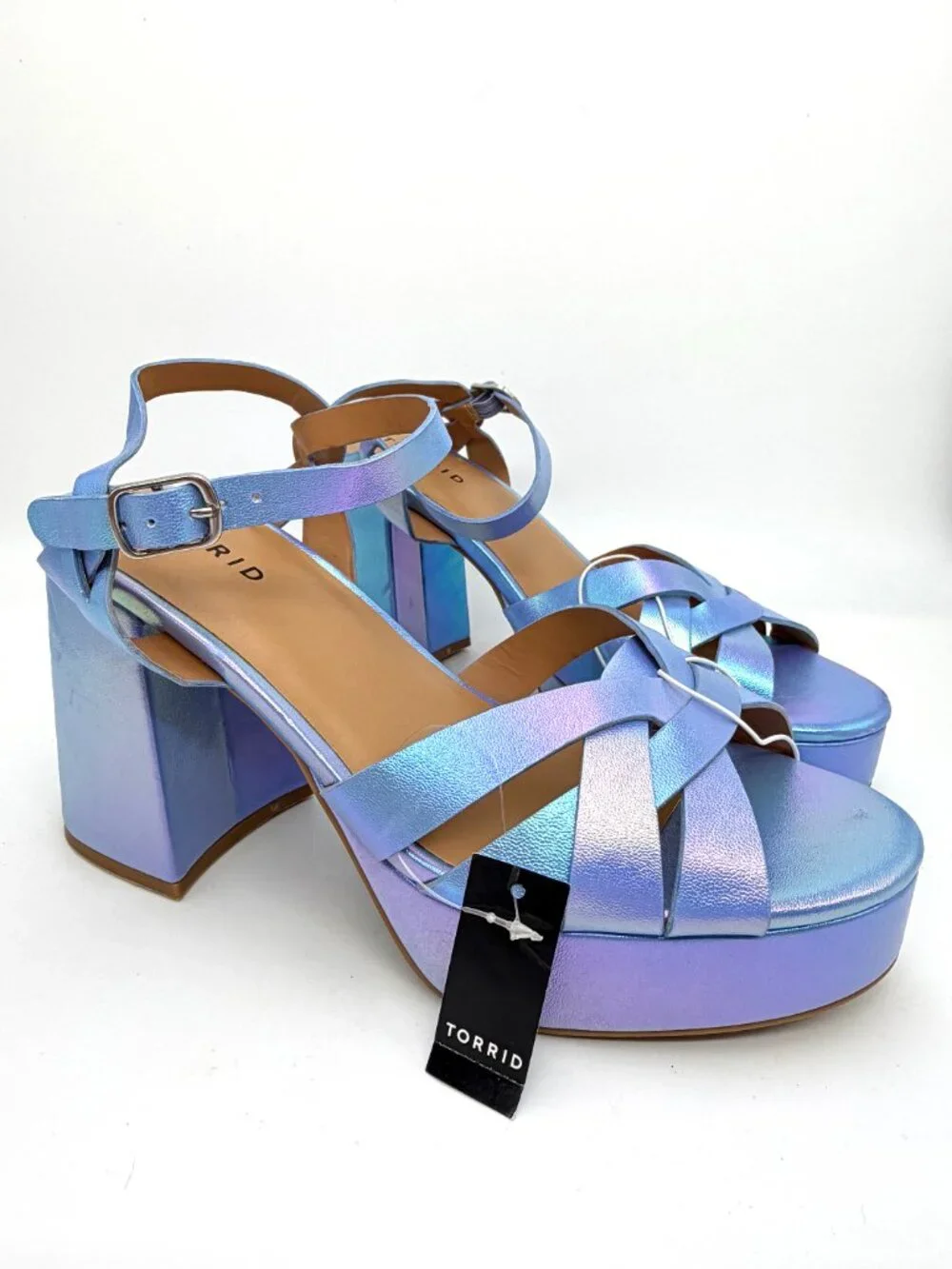 New Torrid Blue Iridescent Platform Flared Chunky Heel Sandal - Size 8WW